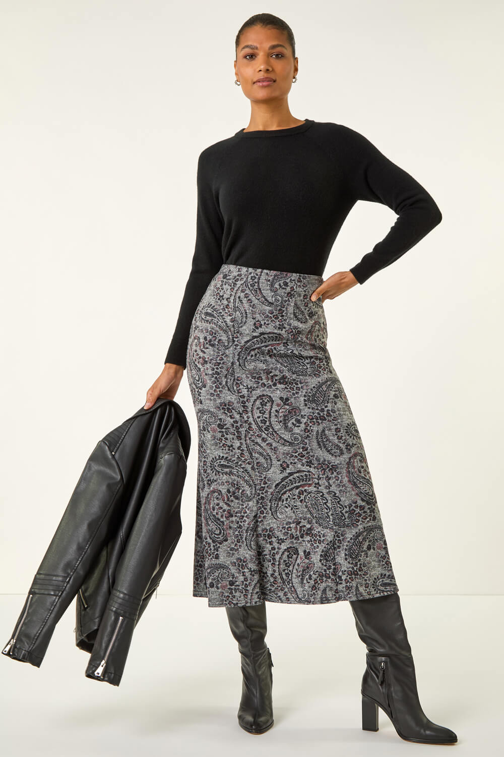 Grey Paisley Print Stretch Midi Skirt, Image 3 of 5