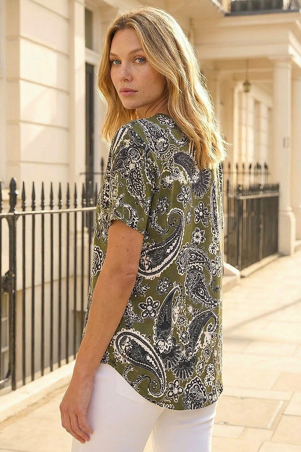 KHAKI Paisley Print Zip Front Top, Image 4 of 4