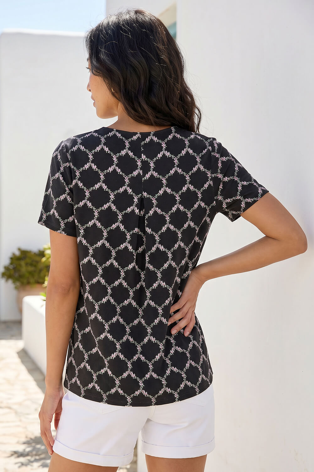 Black Petite Abstract V-Neck Stretch Top, Image 4 of 4
