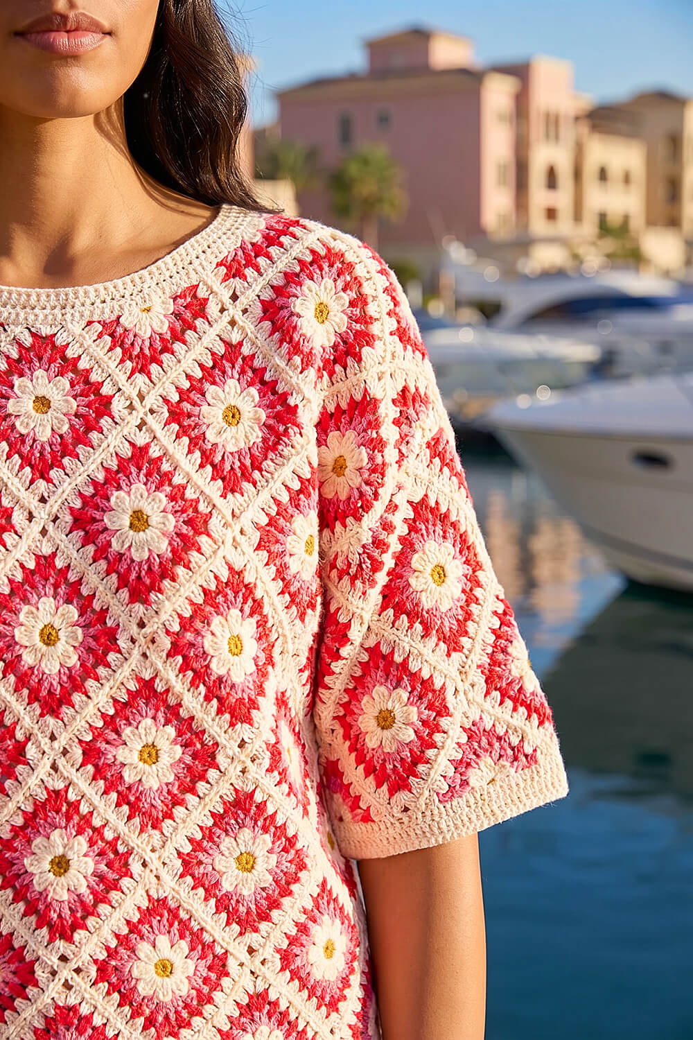 Pink Floral Crochet Knit Top | Roman UK
