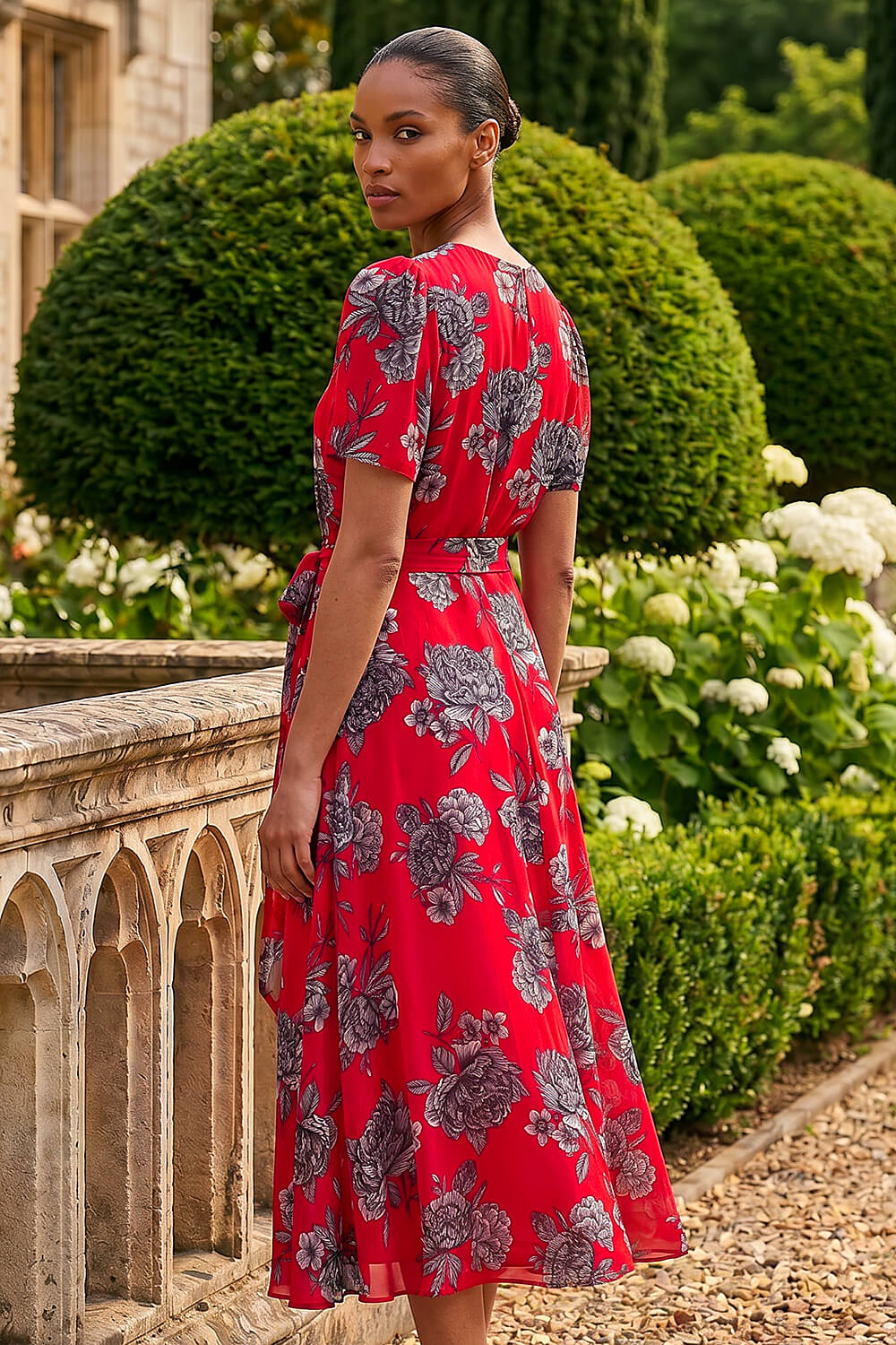 Red Floral Print Pleat Neck Midi Dress, Image 4 of 4