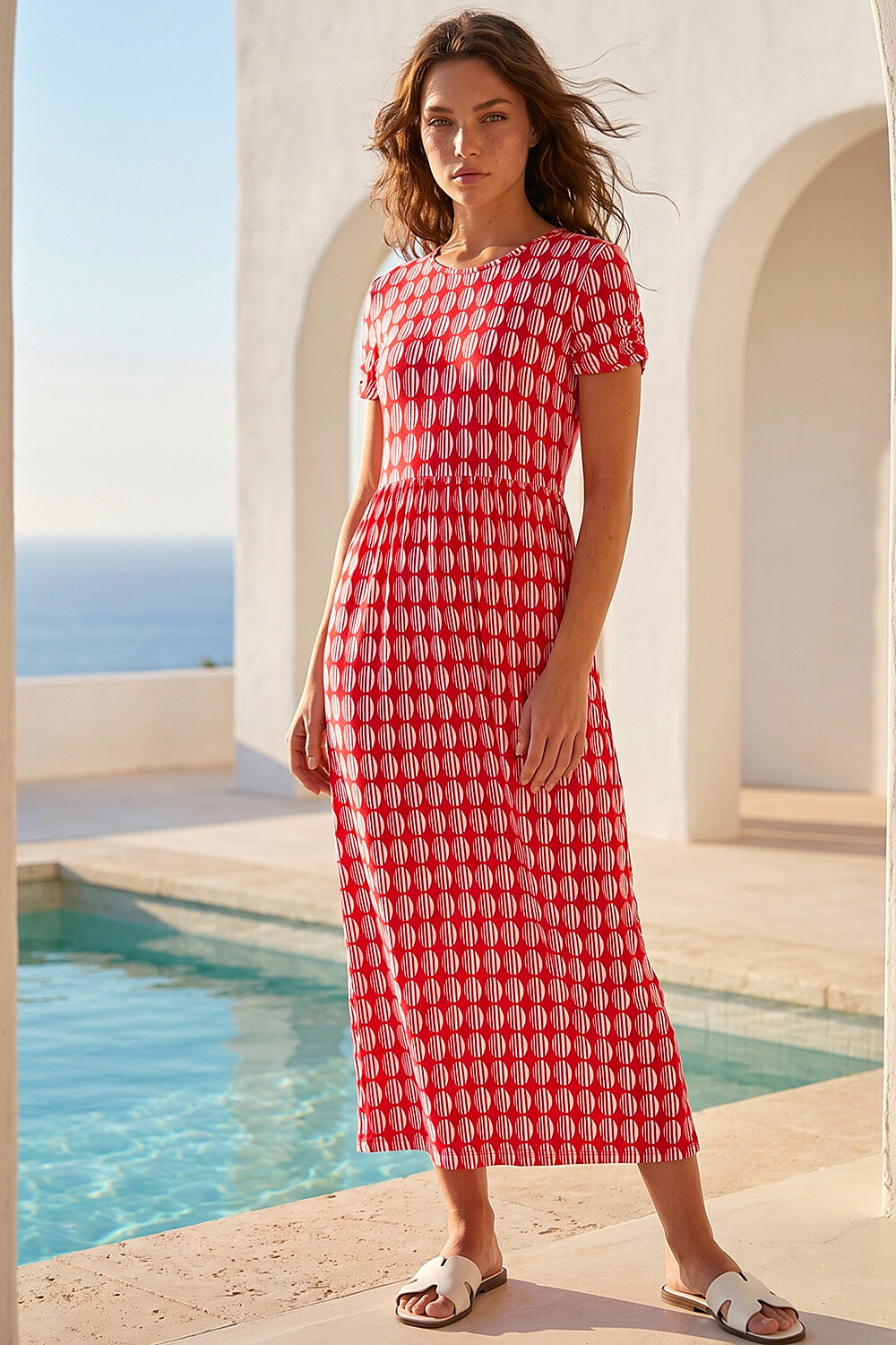 Red Petite Geometric Spot Pocket Midi Dress, Image 1 of 4