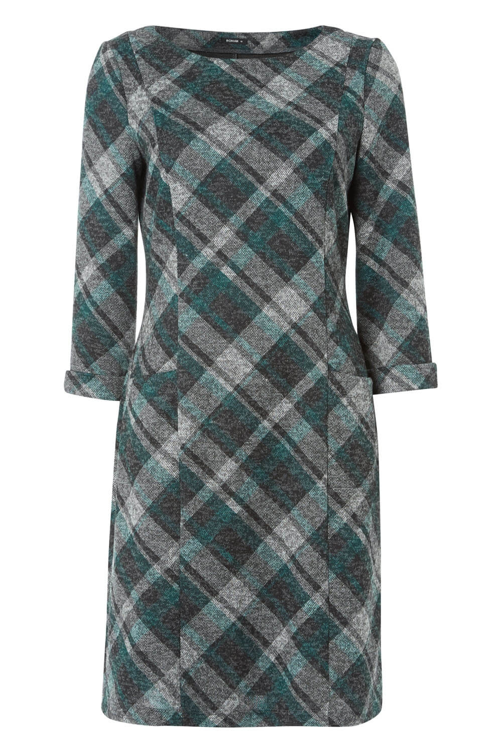 Green Check Print 3/4 Sleeve Shift Dress, Image 6 of 5
