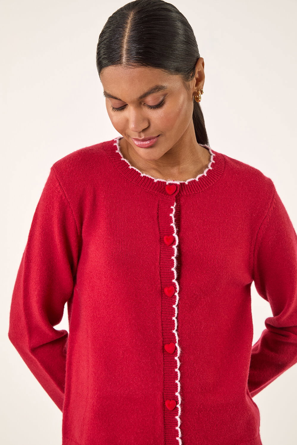 Roman Women's Red Heart Button Scallop Edge Cardigan Size 14