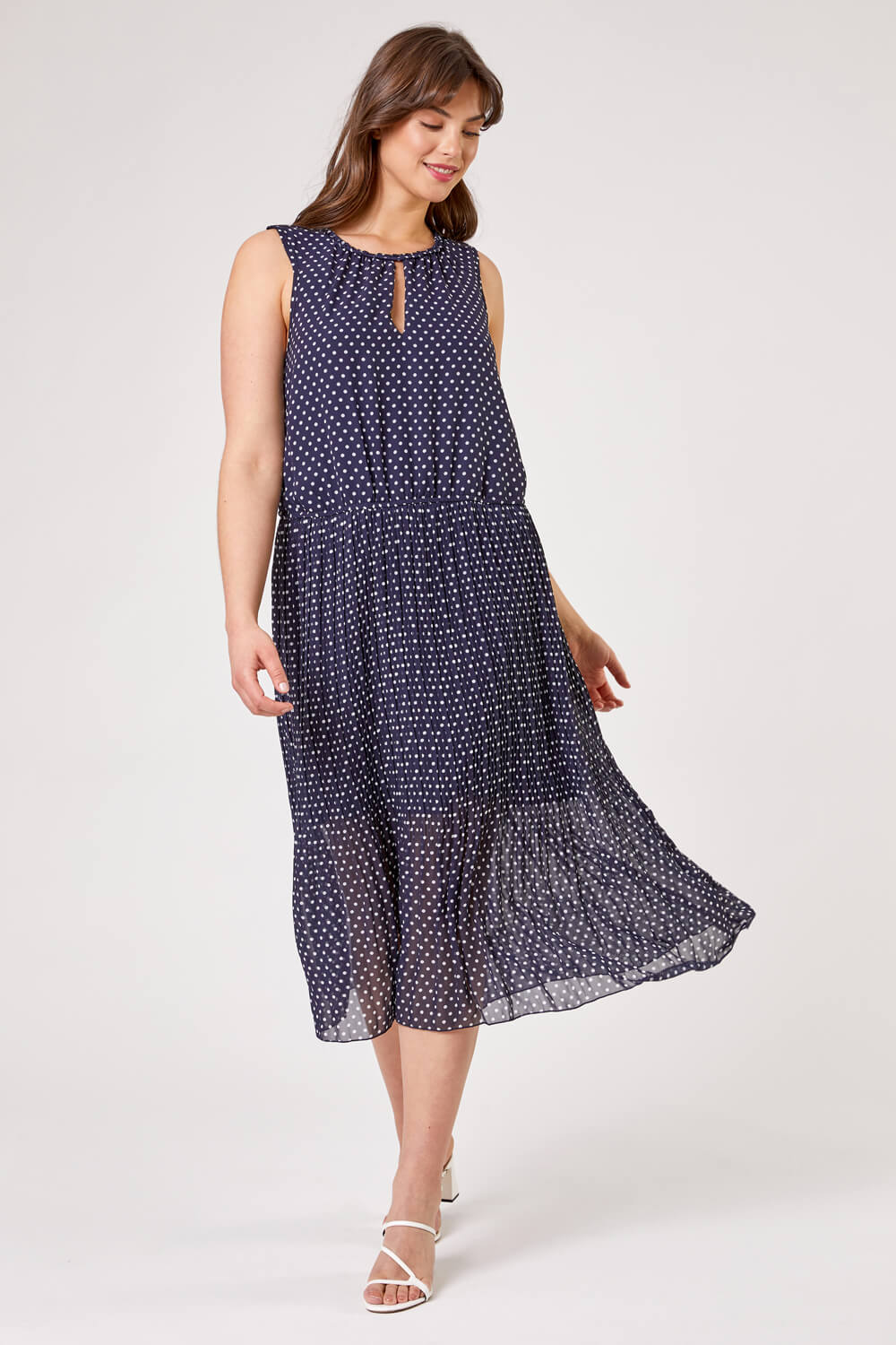 Navy  Curve Polka Dot Pleated Midi Dress, Image 4 of 4