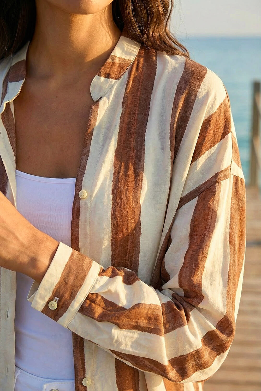 Brown Stripe Print Relaxed Button Shirt, Image 5 of 4