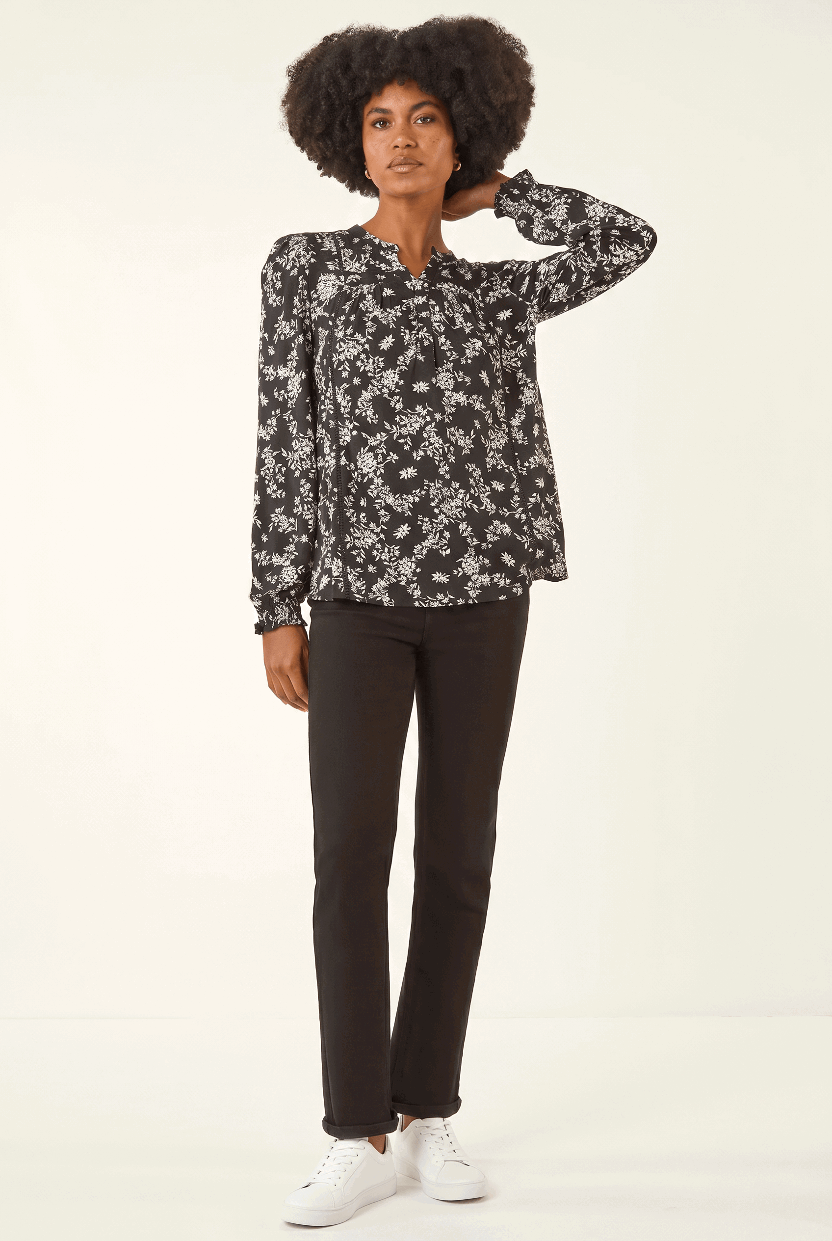 Black Floral Print Long Sleeve Top, Image 3 of 5