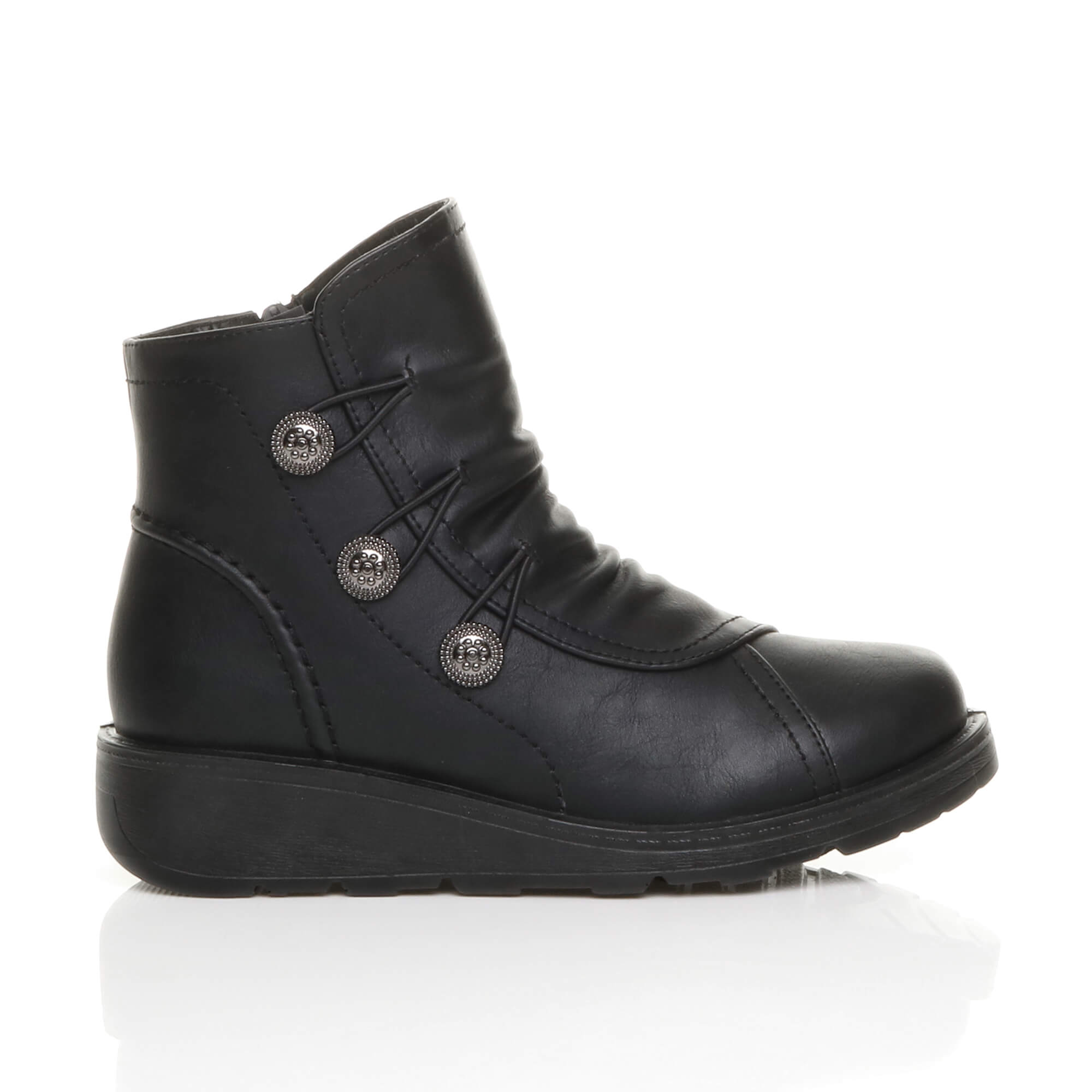 Black AJVANI Black Low Wedge Comfort Button Ankle Boots, Image 2 of 6