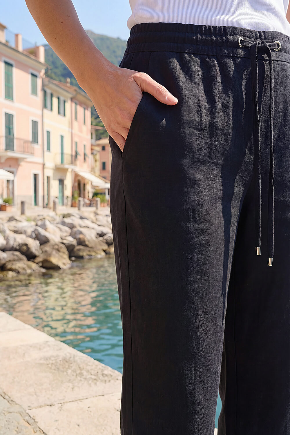 Black Petite Linen Blend Elastic Tie Waist Trousers, Image 5 of 4