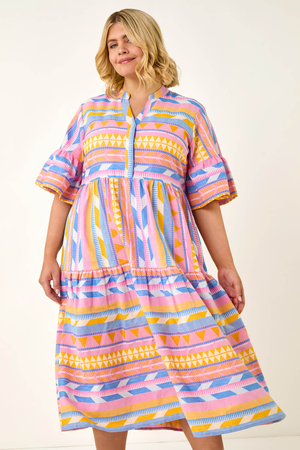 Roman Curve Women's Yellow Stripe Print Boho Tiered Dress Size 18