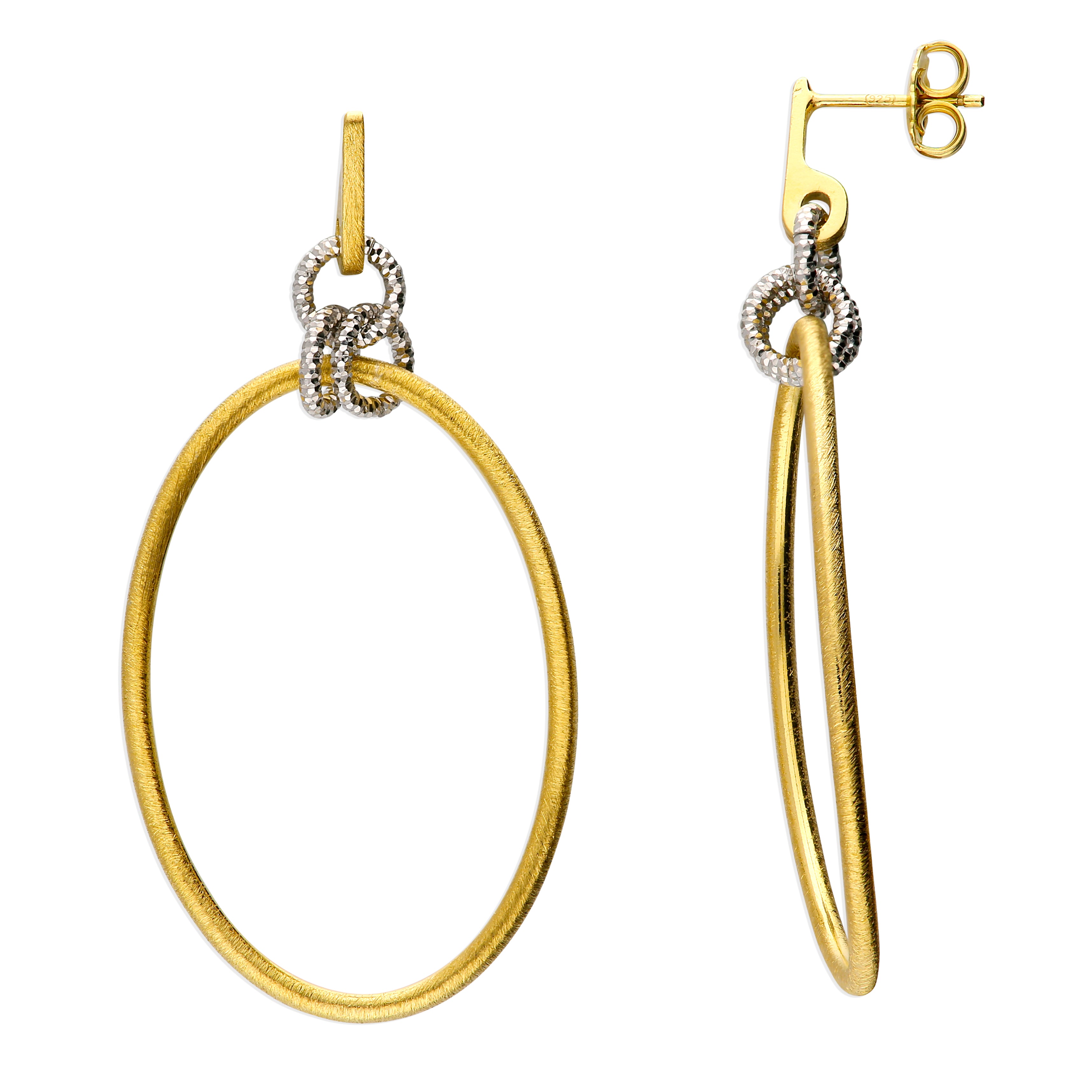 Metallic Elegant Two-Tone Diamond Cut Circle Drop Earrings With Gold-Plated Satin Finish