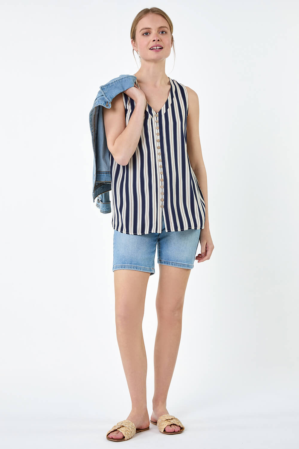 Navy Stripe Print Button Detail Vest Top, Image 3 of 7