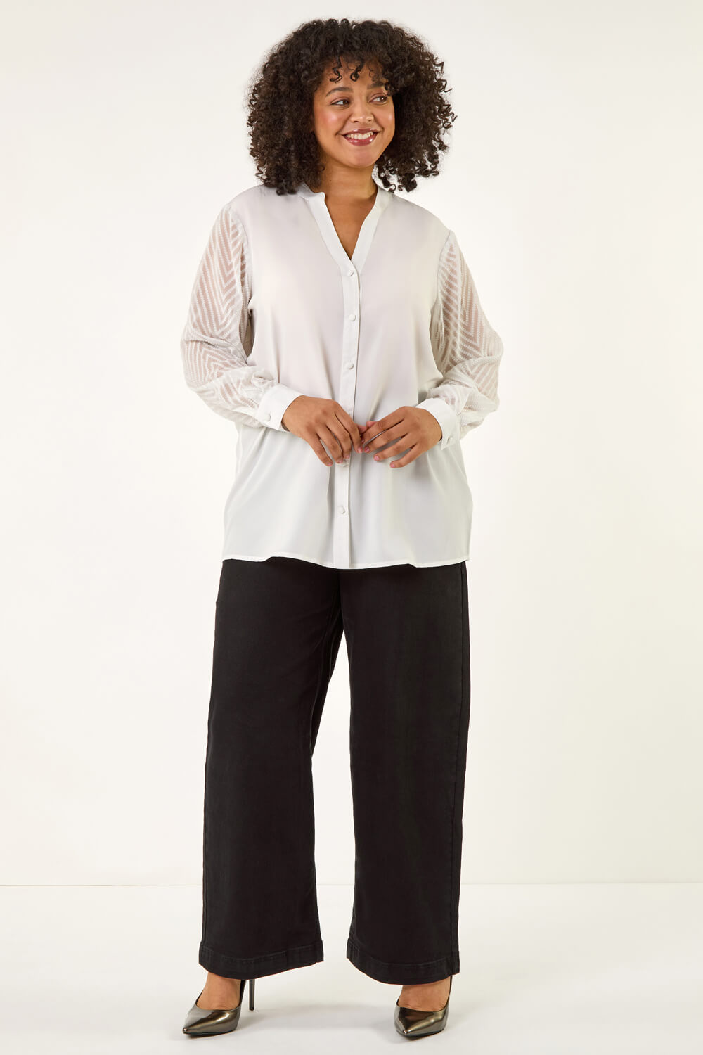 Ivory Curve V-Neck Button Up Blouse, Image 4 of 6