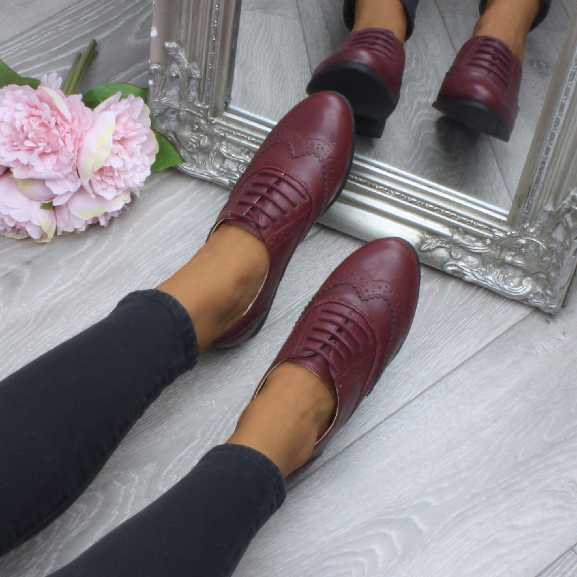 Burgundy AJVANI Burgundy Flat Lace Up Oxfords Brogues, Image 5 of 6
