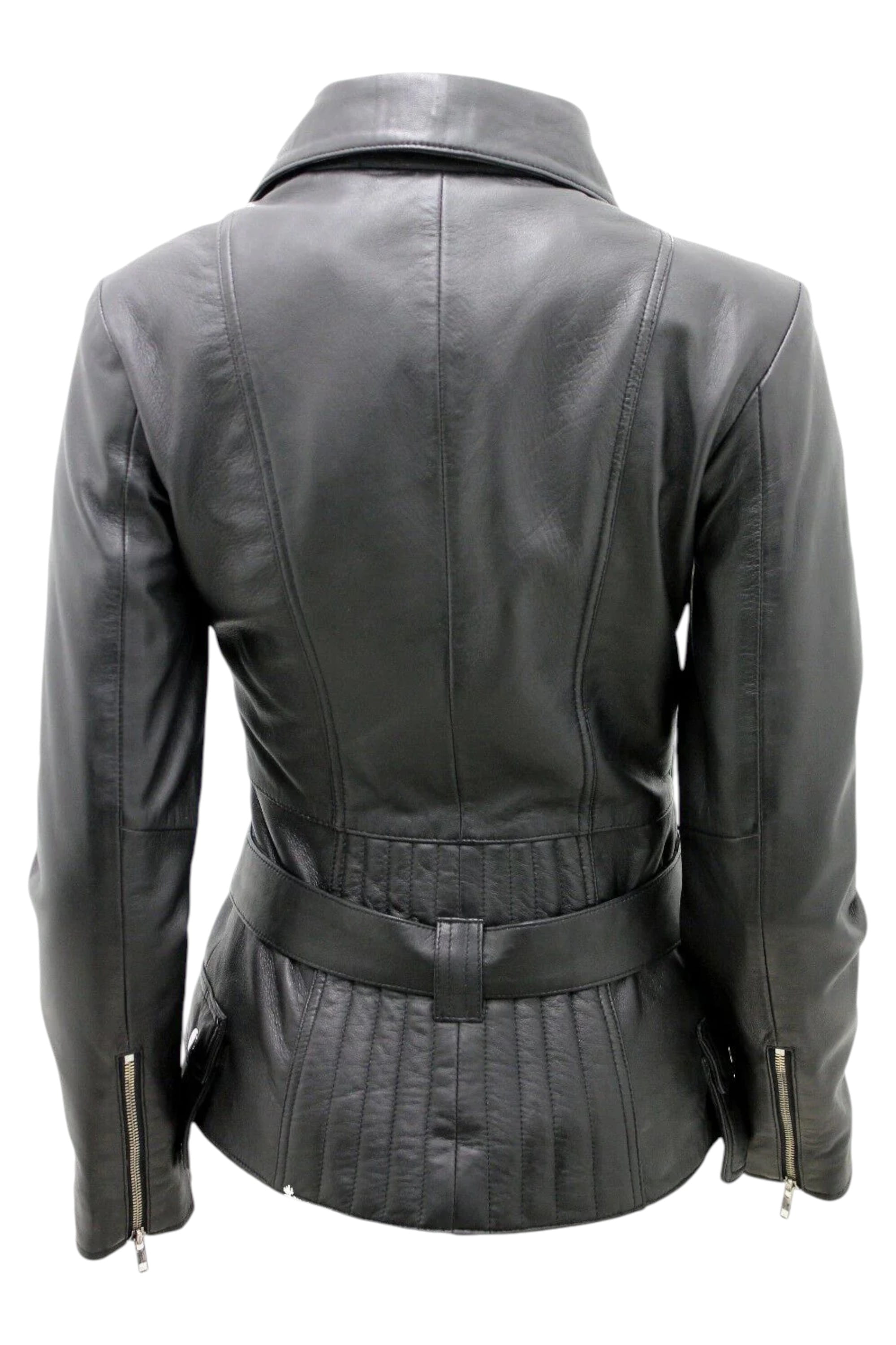 Black Womens Long Leather Biker Jacket-Quito, Image 3 of 4