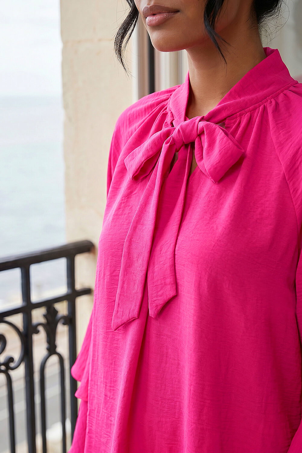 Cerise Frilled Sleeve Tie Front Top, Image 5 of 4