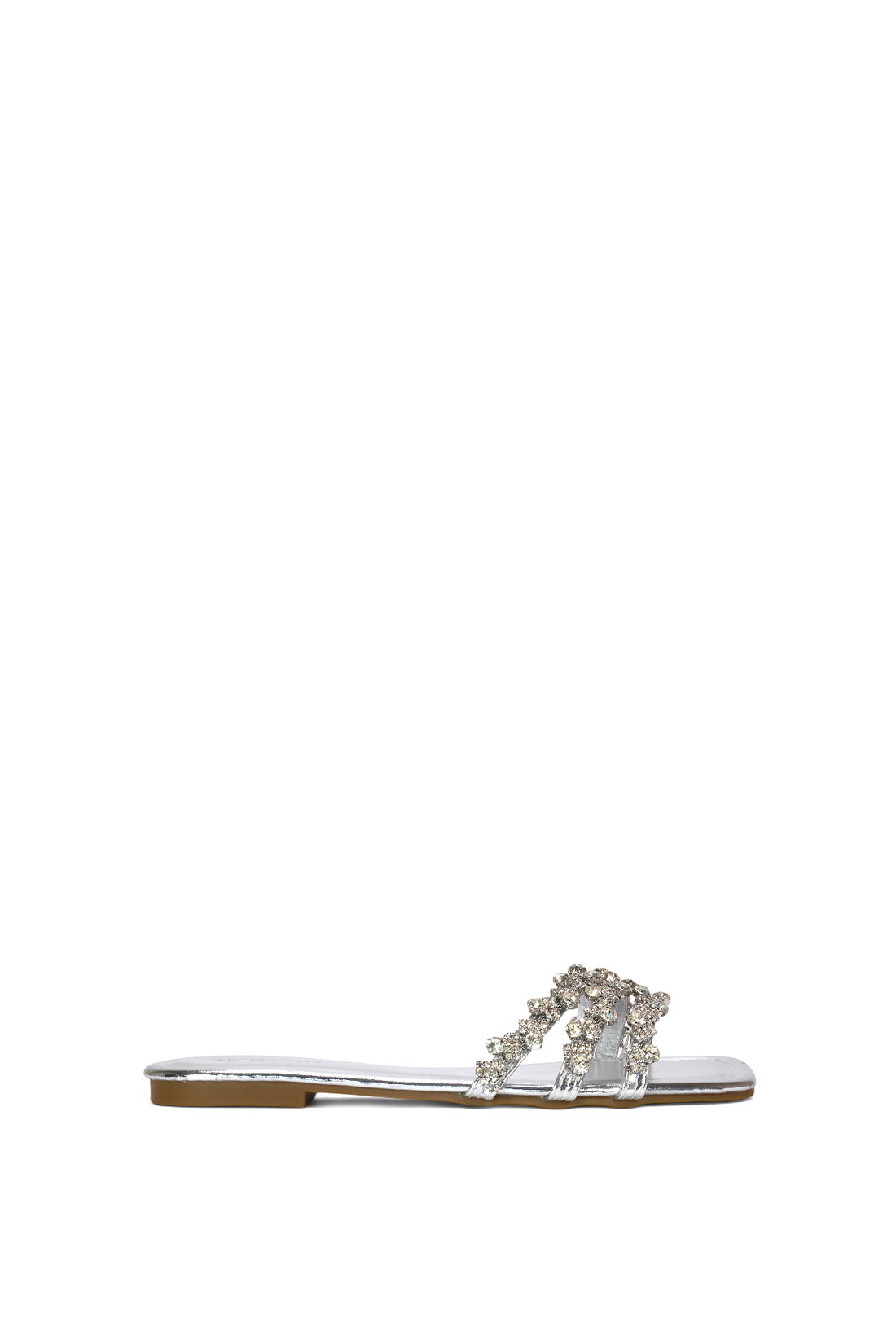 Silver XY LONDON Silver Flat Diamante Strappy Slider Sandals With Square Toe, Image 1 of 6