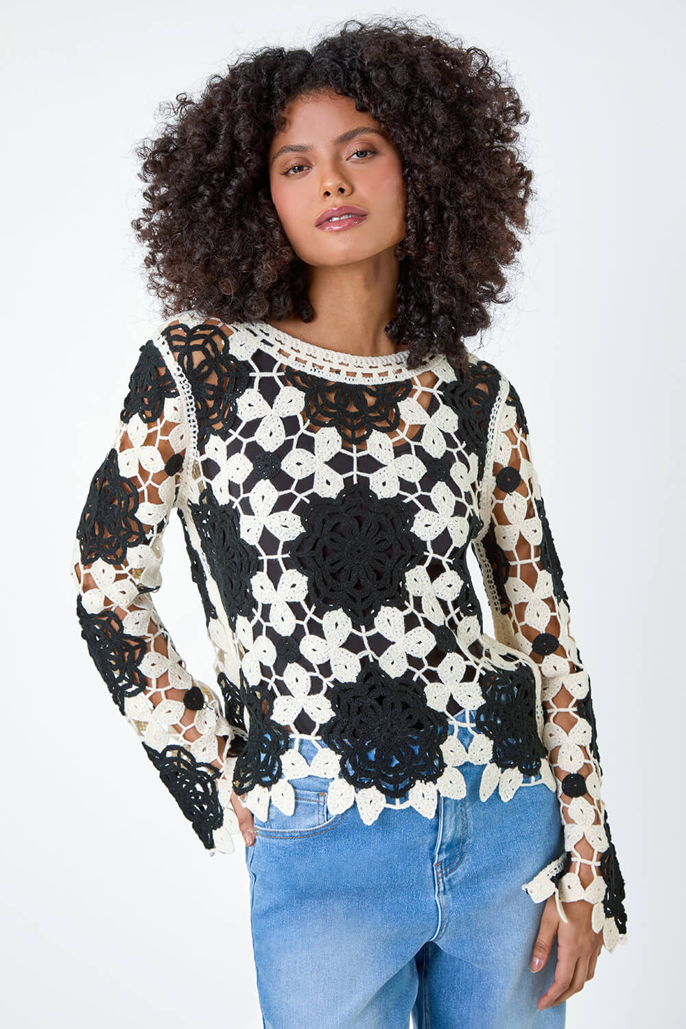 Black Dusk Floral Crochet Knit Jumper, Image 5 of 5