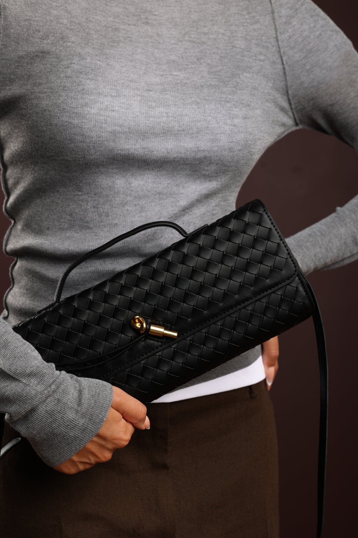 Black Petal Envelope Style Woven Clutch Bag, Image 2 of 8