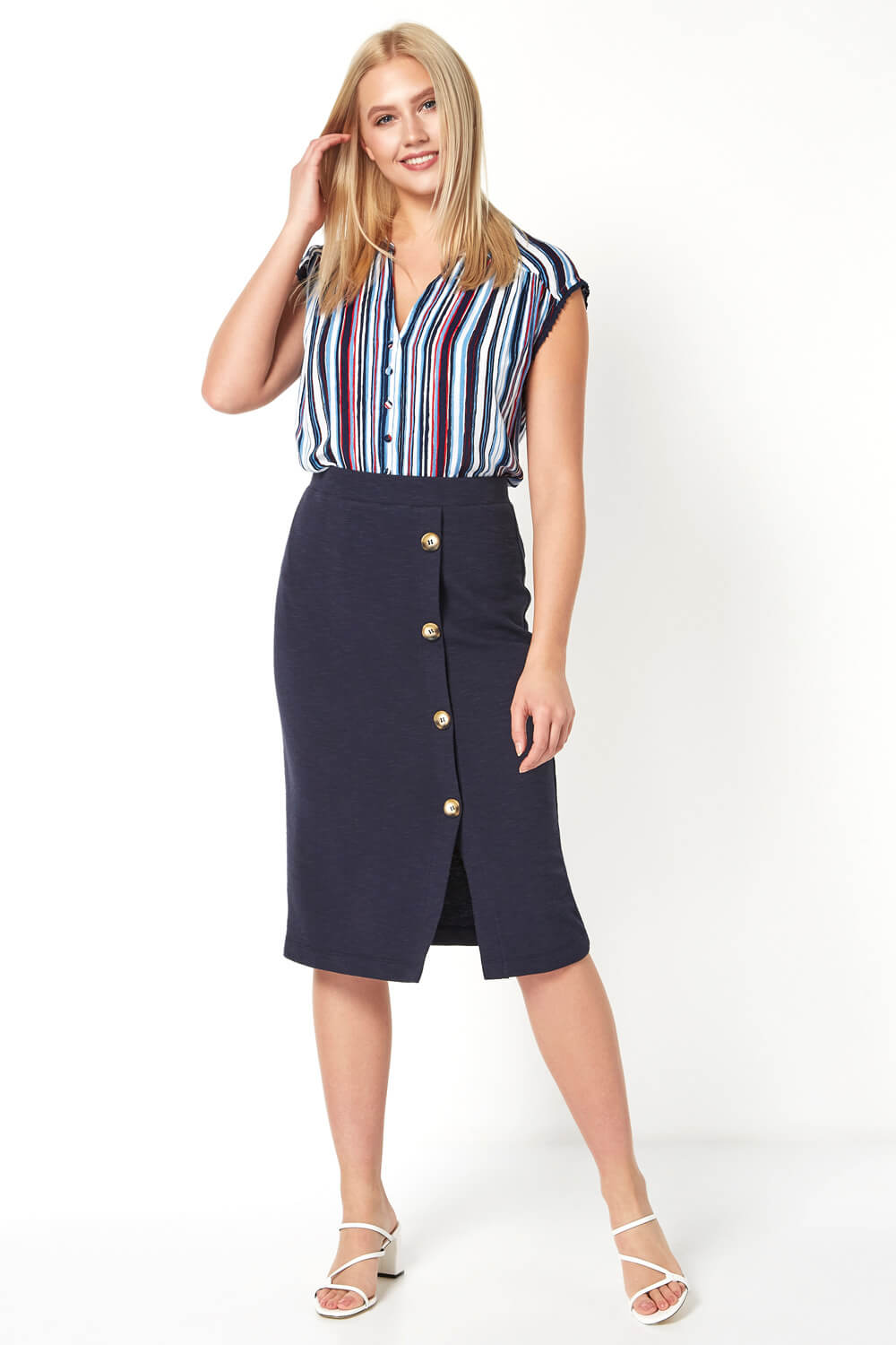 Navy  Button Detail Knitted Pencil Skirt, Image 5 of 5