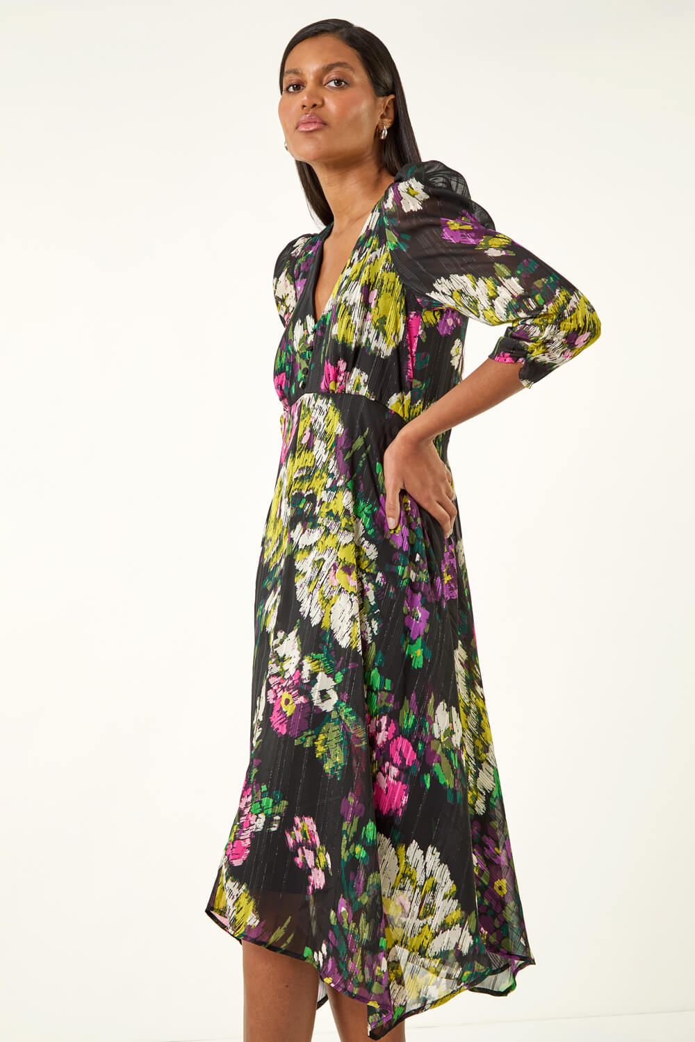 Roman Women's Black Floral Print Chiffon Midi Dress Size 18