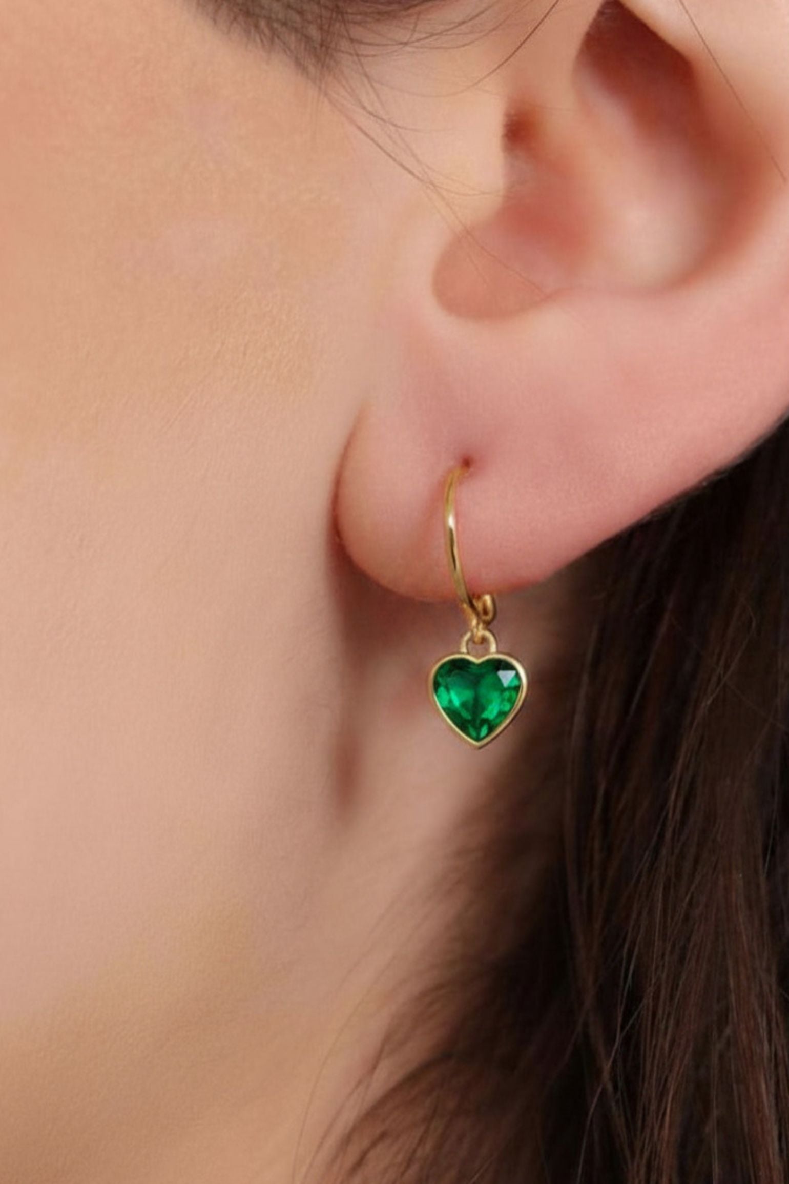 Green Gold CZ Heart Huggie Hoops, Image 1 of 2