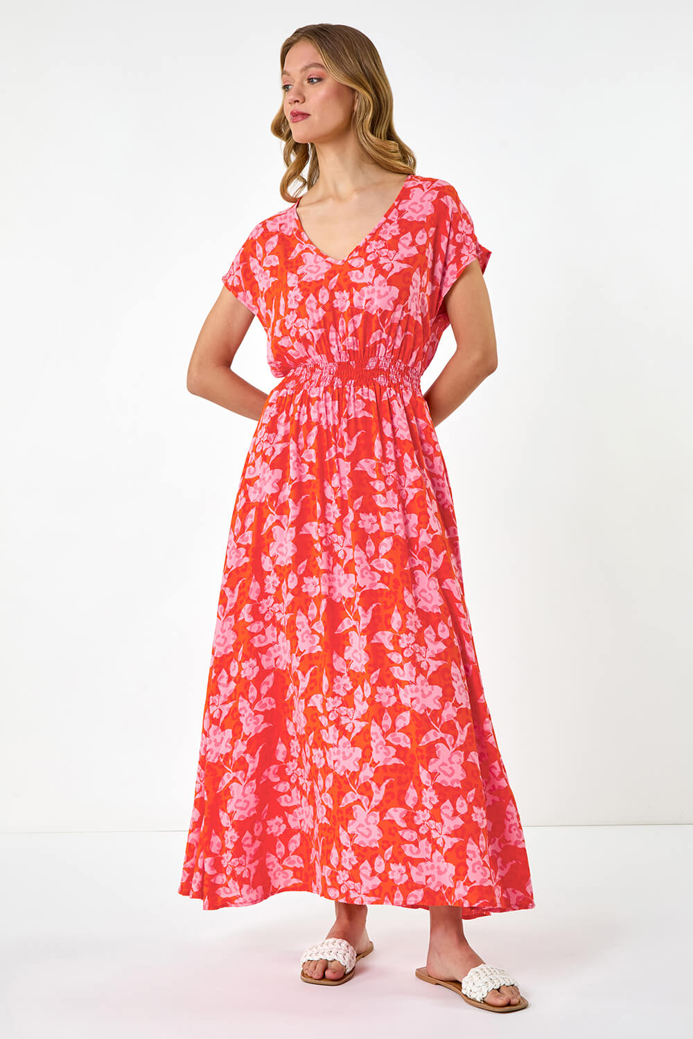 Roman Women's Orange Floral Print Shirred Maxi Dress Size 10