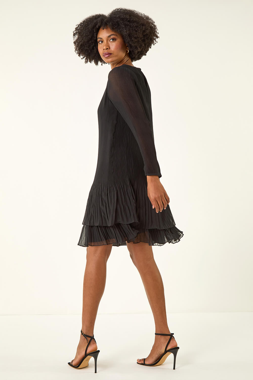 Black Pleated Frill Hem Swing Dress, Image 4 of 5
