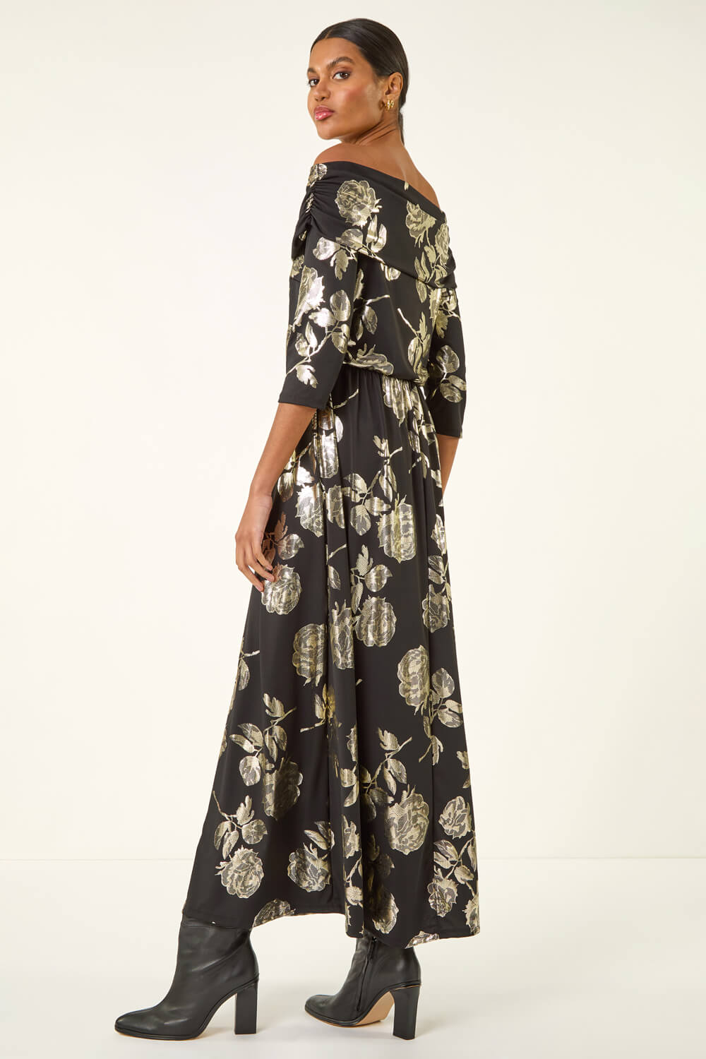 Gold Floral Foil Bardot Midi Dress, Image 4 of 5