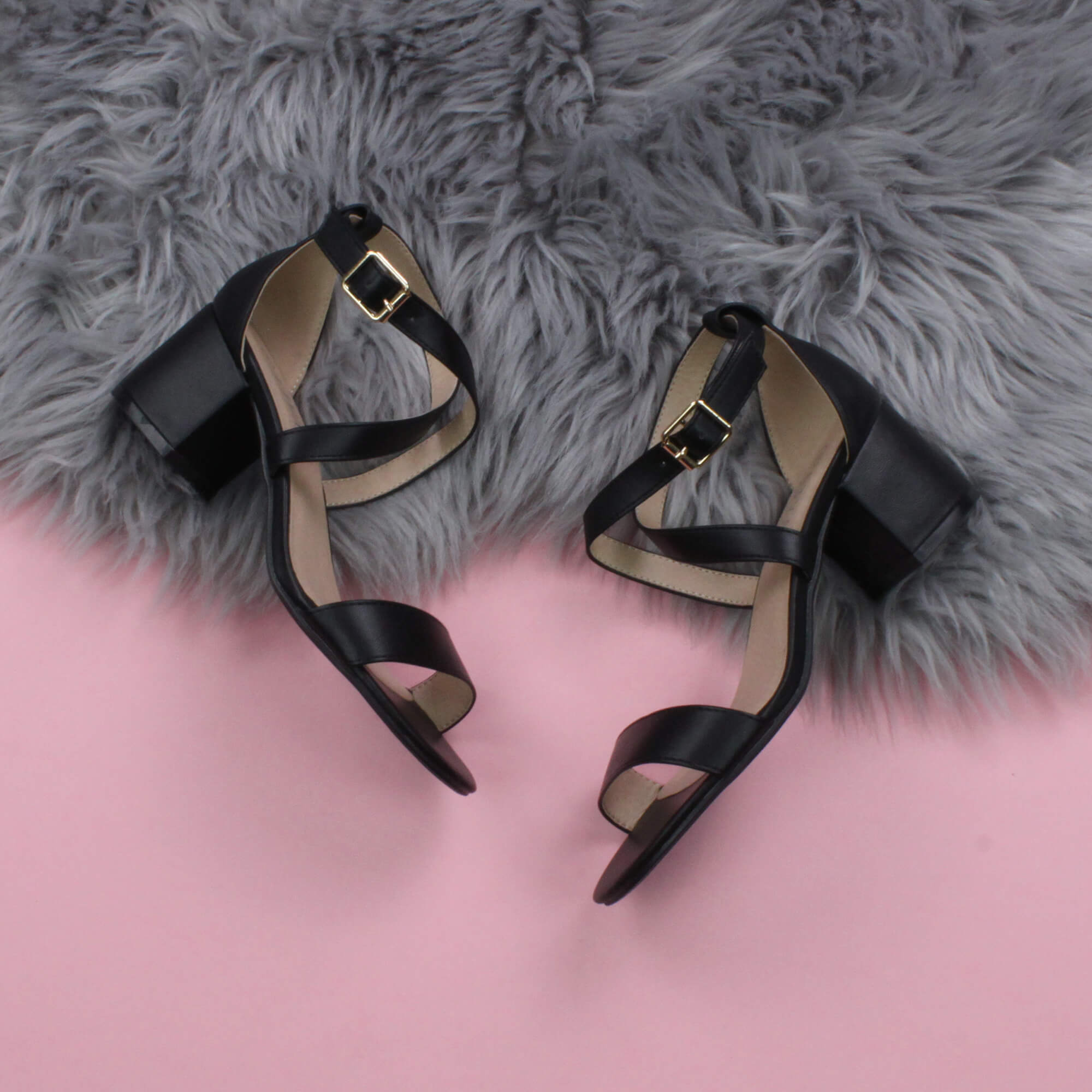 Black AJVANI Black Mid Block Heel Crossed Straps Sandals, Image 4 of 6