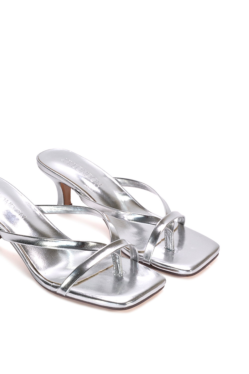 Silver XY LONDON Silver 'Tiana' Kitten Heel Sandal Mules With Toe Post, Image 3 of 6