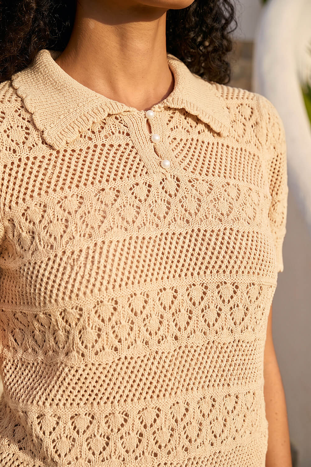 Natural  Pointelle Collar Knit Top, Image 5 of 4