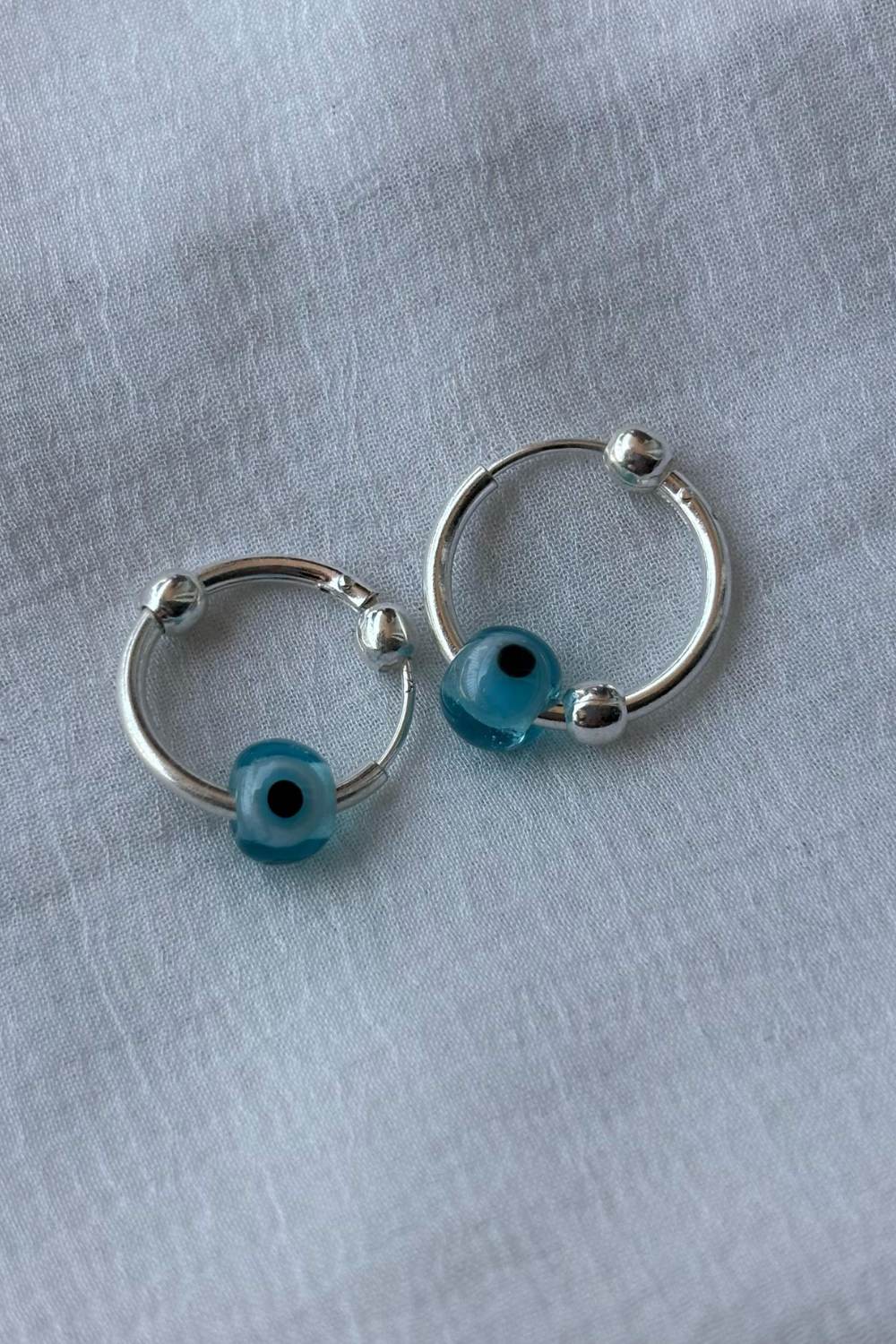 Blue Evil Eye Sterling Silver Bali Tiny Lightweight Hoop Earring, Image 2 of 2