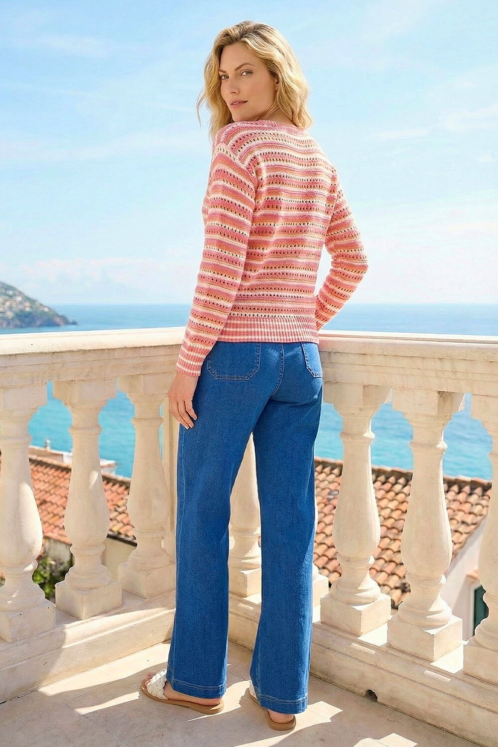 Orange Stripe Pointelle Crew Neck Knit, Image 3 of 4