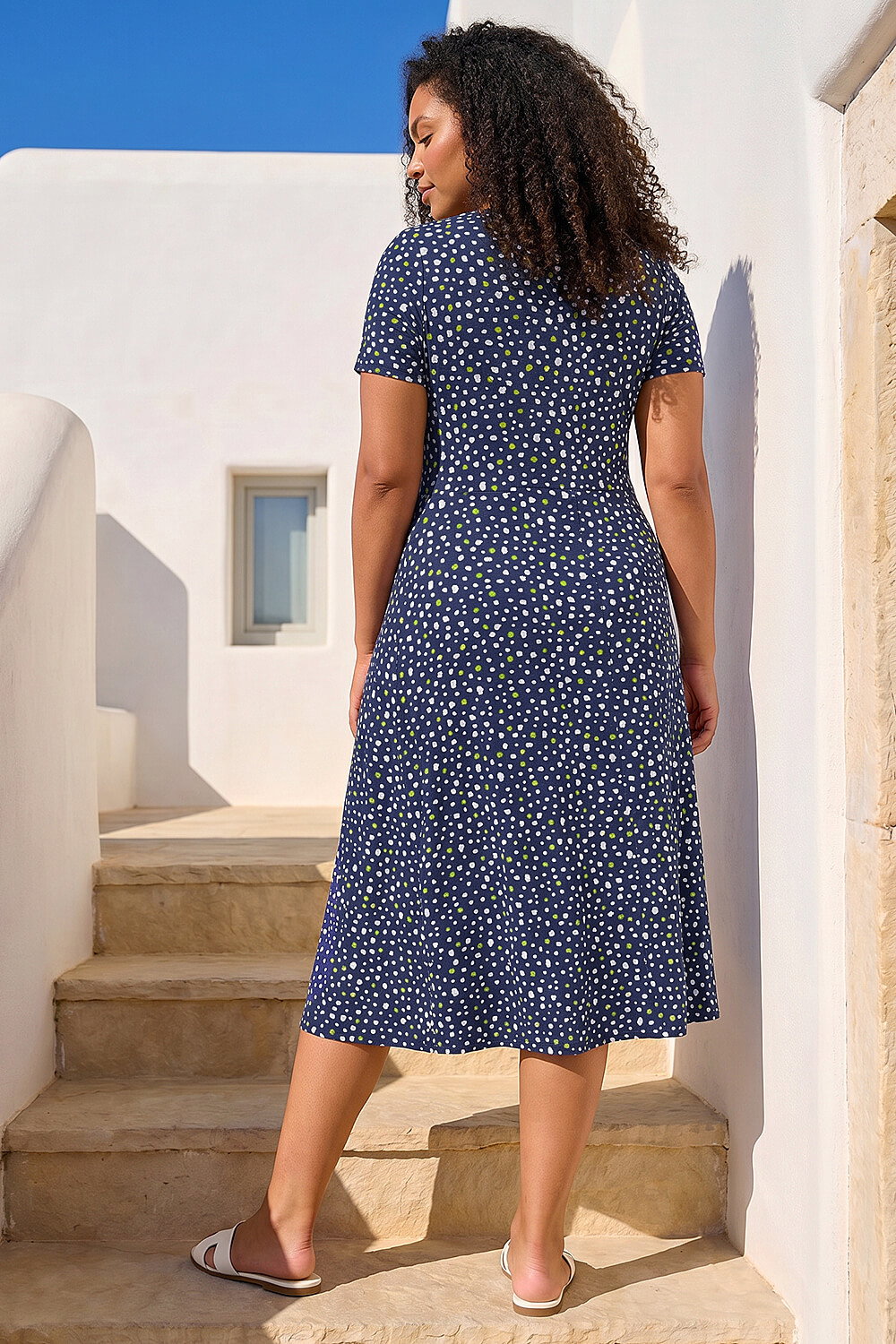 Navy Curve Abstract Twist Front Stretch Midi Dress, Image 3 of 4