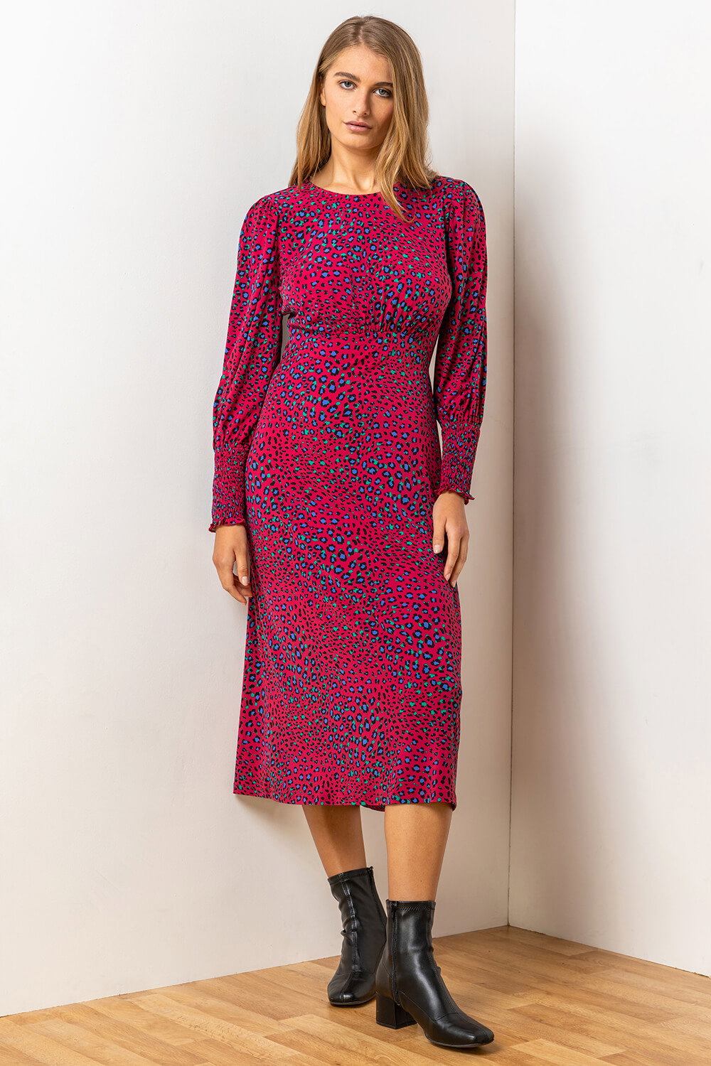 Red Animal Print Shirred Cuff Midi Dress, Image 4 of 5