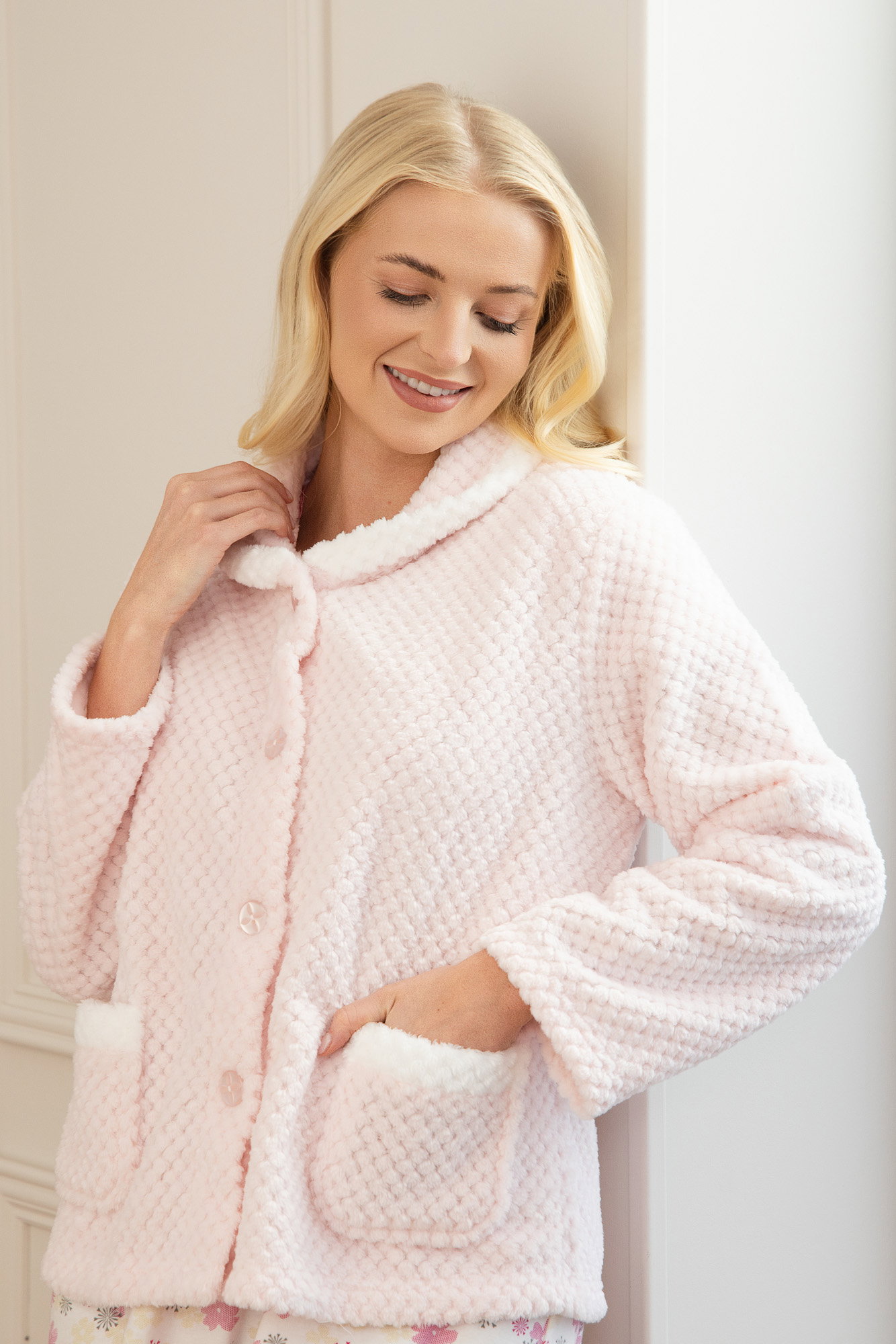 Pink Camille Lingerie Pink Supersoft Button Front Bed Jacket, Image 4 of 5