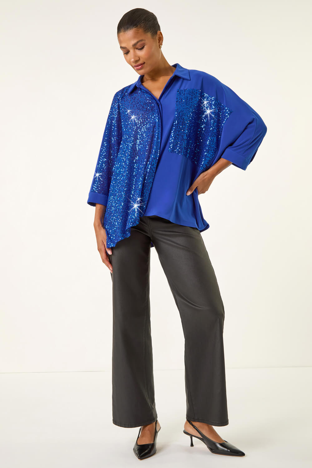 Royal Blue Sequin Buttoned Blouse , Image 5 of 5