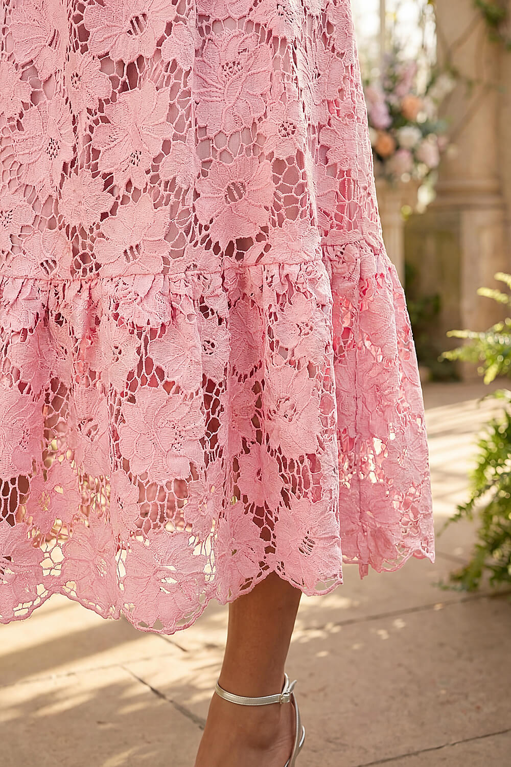 Light Pink Crochet Floral Lace Midi Dress | Roman UK