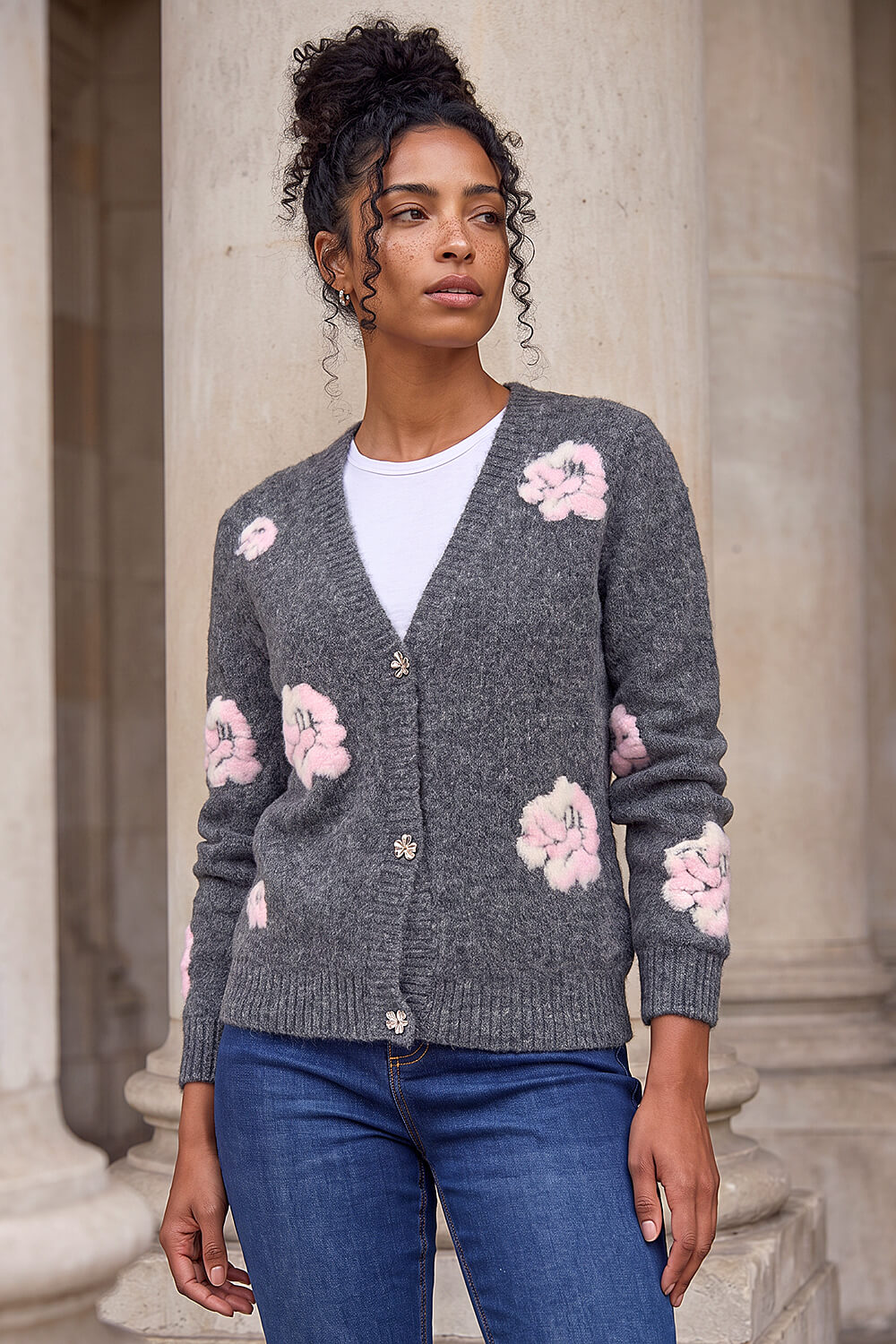 Roman Women's Grey Embossed Floral Knit Cardigan Size 12