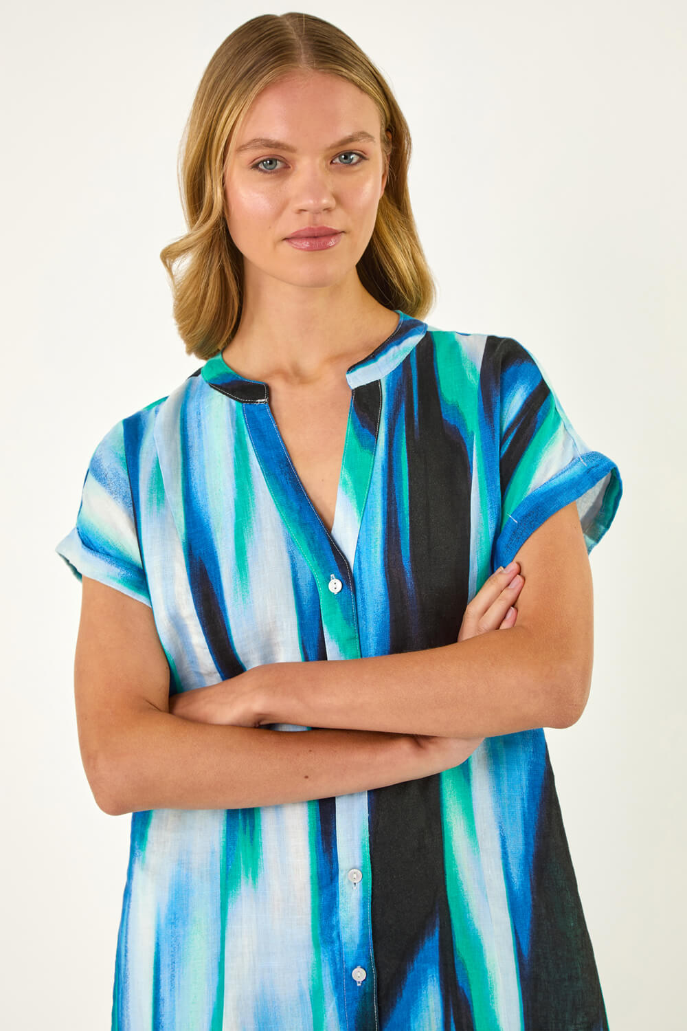 Blue Abstract Printed Linen Shift Dress, Image 5 of 5