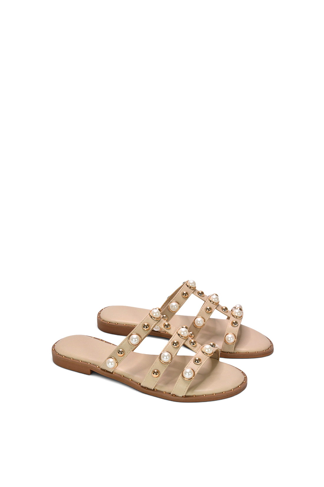 Beige Slip On Sandals With Peal Studded Straps, Image 5 of 6