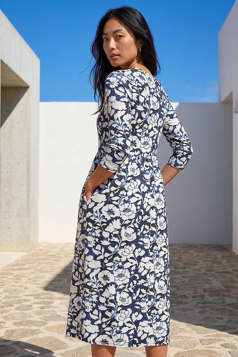 Navy Petite Floral Midi Dress, Image 3 of 4