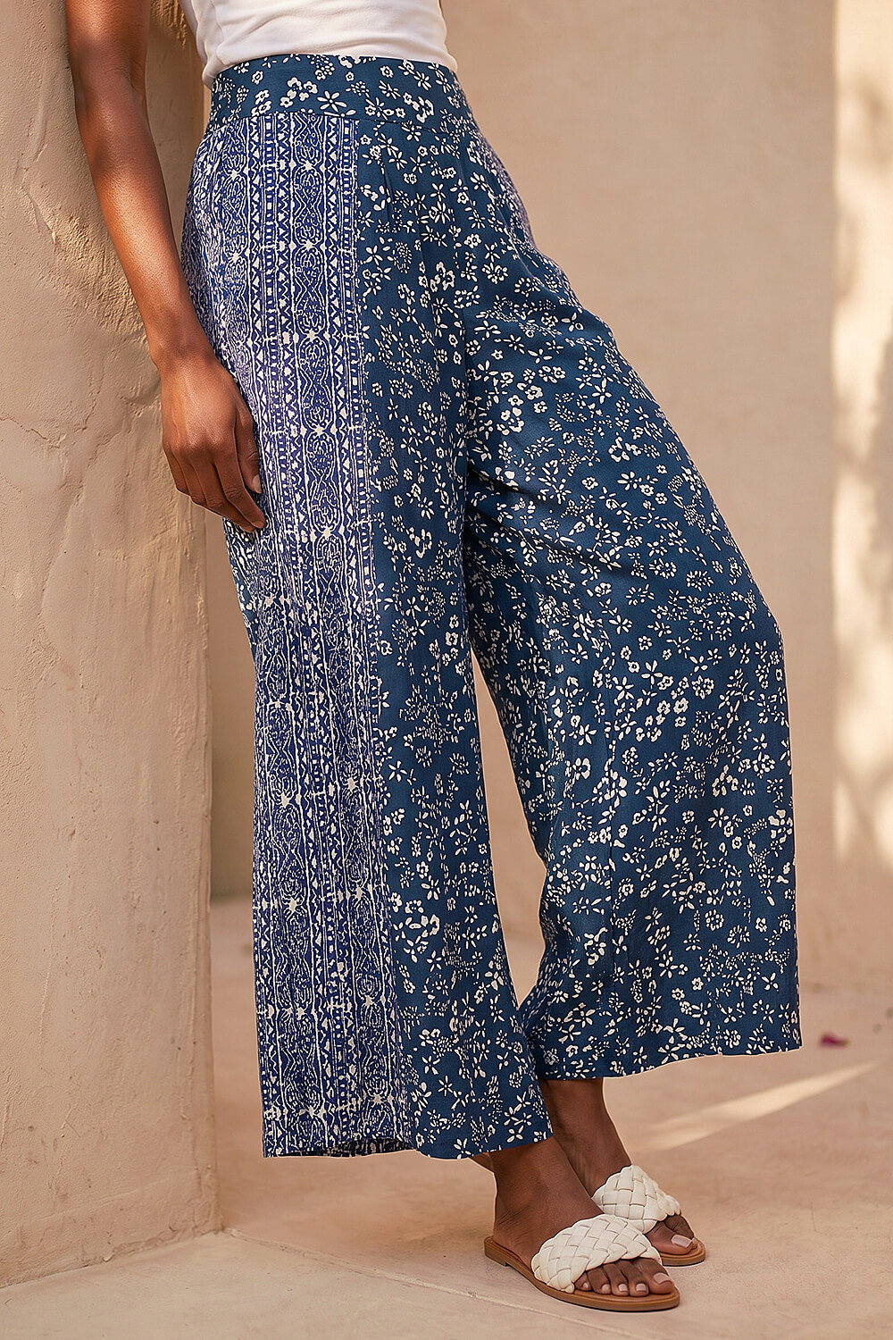 Navy Floral Print Wide Leg Culottes, Image 3 of 4