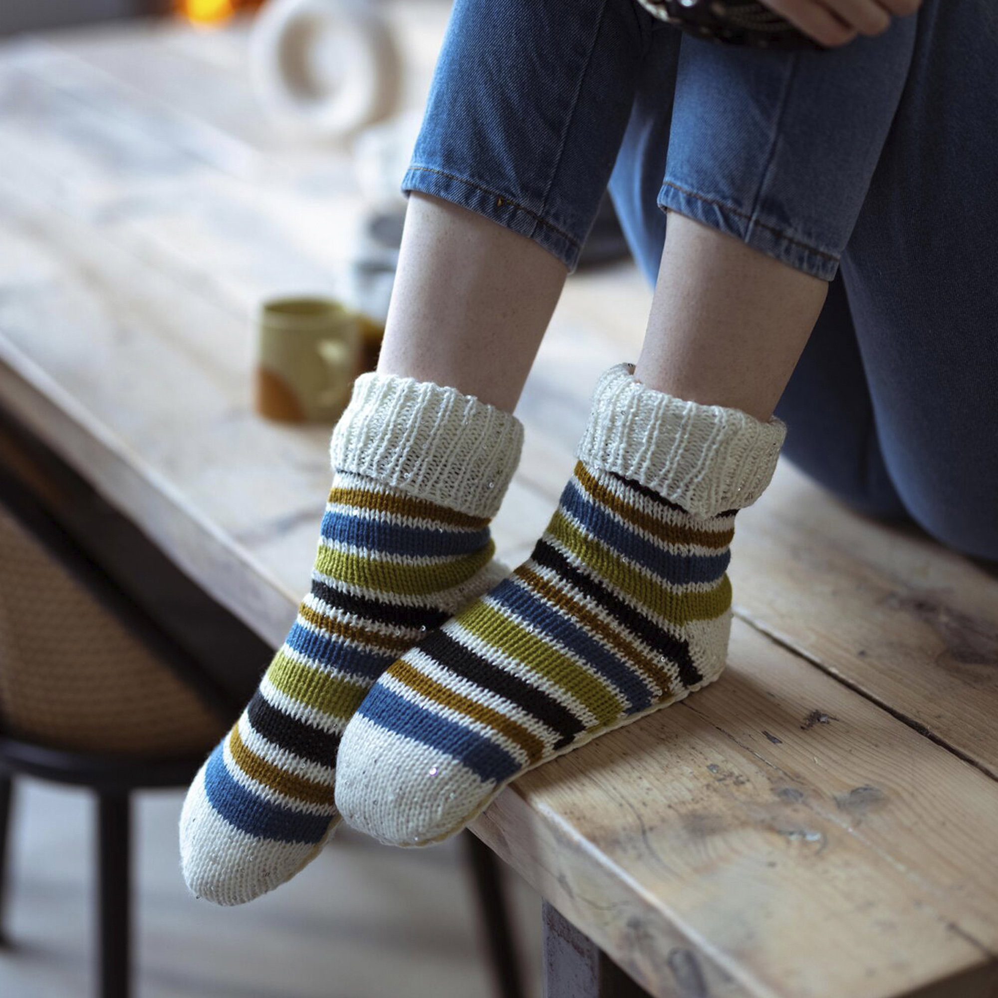 Turqouise Fair Isle Moccasin Grip Slipper Socks, Image 2 of 3
