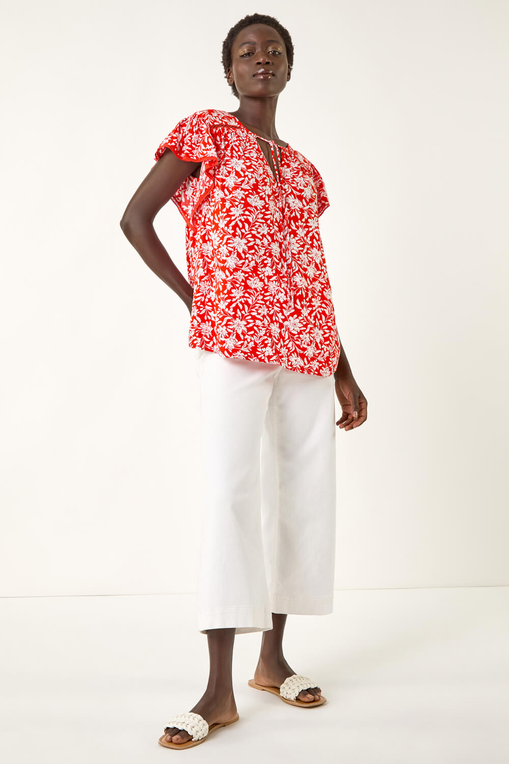 Malini Button Frill Top Red Floral