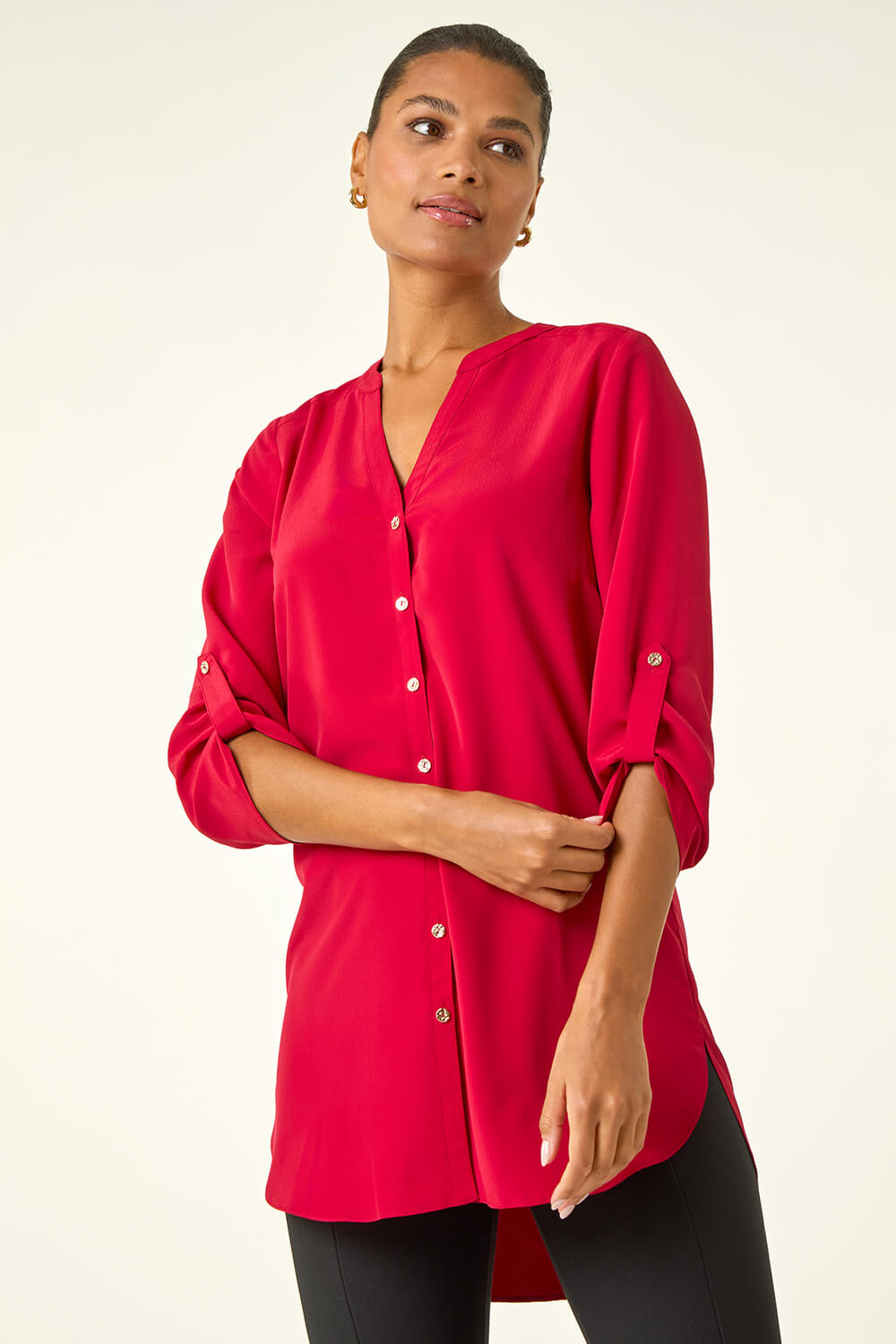 Roman Women's Red Notch Neck Longline Blouse Size 16
