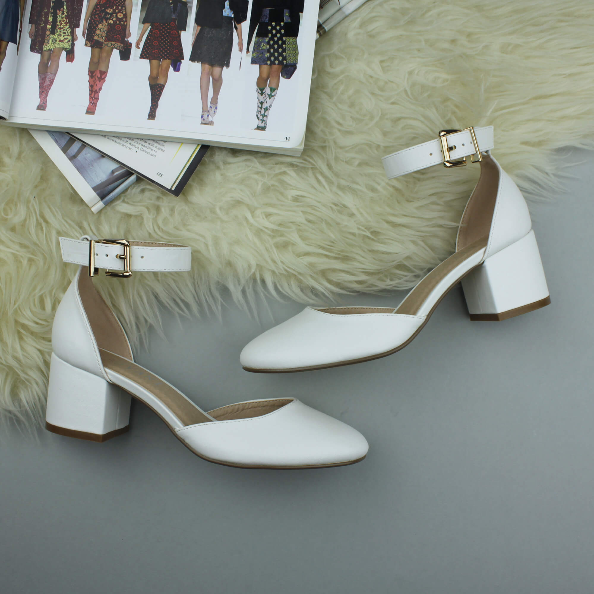 White AJVANI White Mid Block Heel Ankle Strap 2 Part Heels, Image 4 of 6
