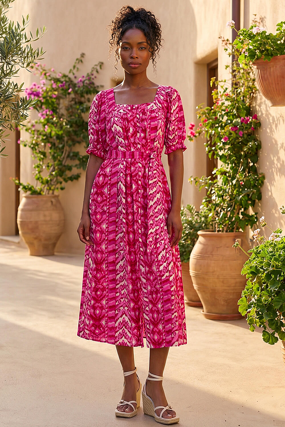 Roman Women's Fuchsia Abstract Print Belted Dress Size 16