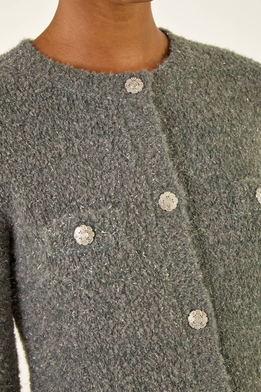 Grey Fluffy Sparkly Button Cardigan , Image 6 of 5